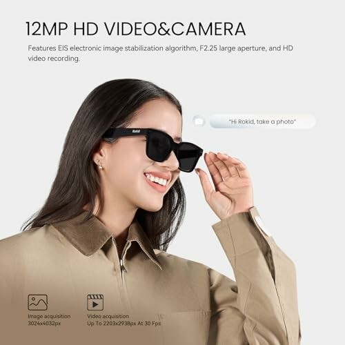 Woman wearing sunglasses using 12MP HD video and camera.