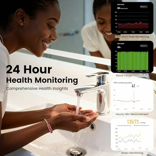 Woman washing hands with health monitoring stats displayed.