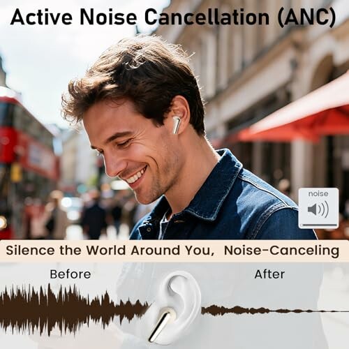 Man using noise-canceling earbuds with sound wave comparison.
