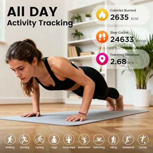 Woman doing yoga plank with activity tracking stats overlay.