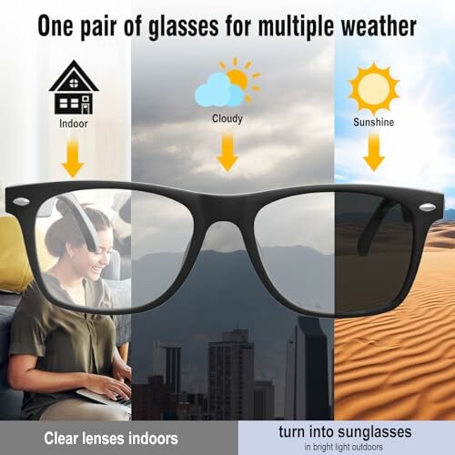 Glasses with lenses that adjust for indoor, cloudy, and sunny weather.