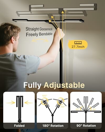Man adjusting fully adjustable lamp with straight gooseneck and rotation features.