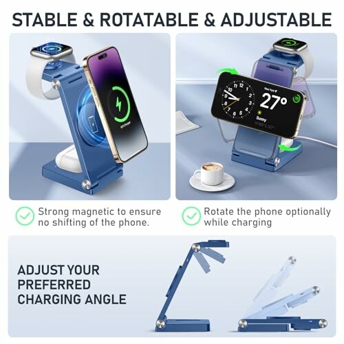 Stable and rotatable phone charging stand with phone and smartwatch.