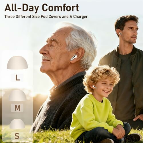 Elderly man, young man, and child wearing earbuds, labeled pod covers in different sizes.
