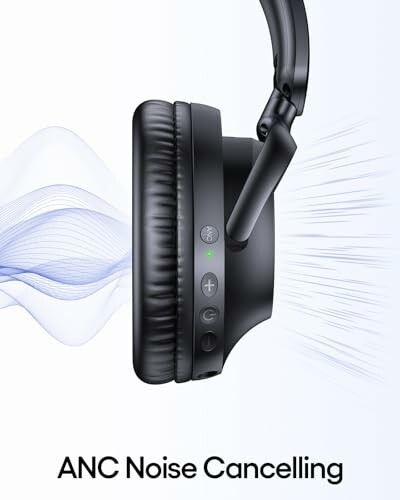 Close-up of noise cancelling headphones with sound wave illustration.