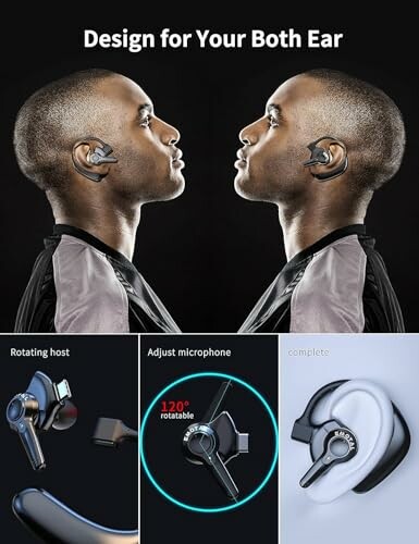 Bluetooth headset with 120-degree rotatable microphone for both ears.