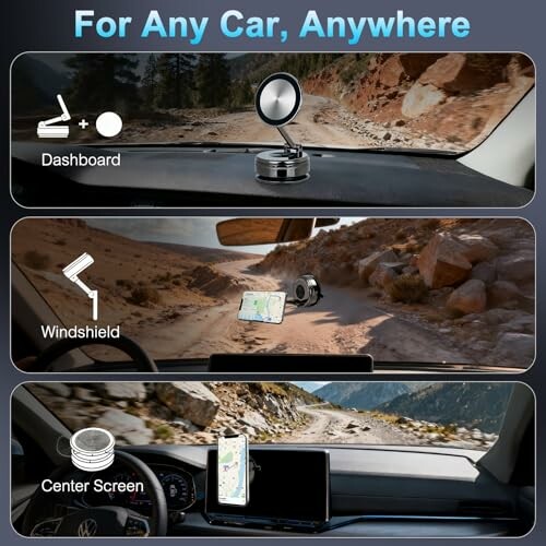Phone mount options for dashboard, windshield, and center screen in a car.
