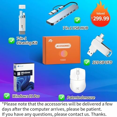Computer accessories package including USB hub, cleaning kit, 128 GB UFD, Windows 11 Pro, and mouse.