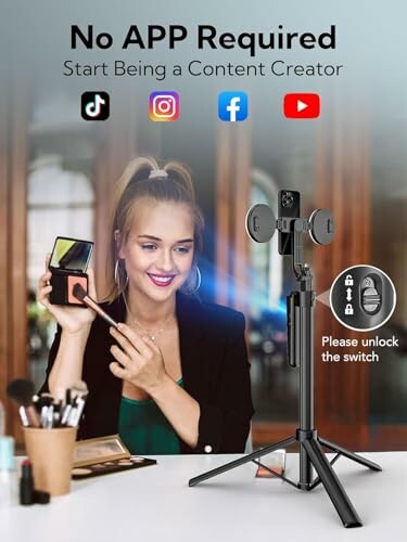 Person using a smartphone mount setup for content creation with social media icons.