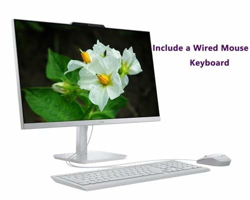 Desktop computer with flower image on screen, including wired mouse and keyboard.