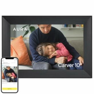 Digital photo frame displaying a man and child with smartphone app.