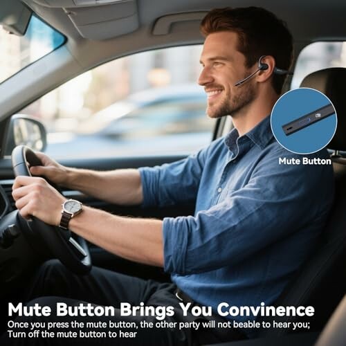 Man driving car using Bluetooth headset with mute button feature.