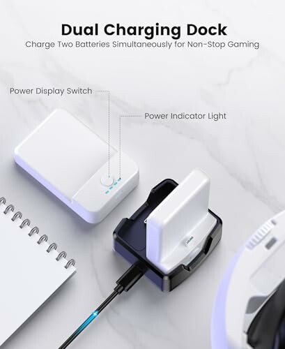 Dual charging dock with two batteries and power display.