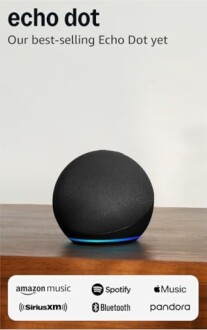 Echo Dot smart speaker on a table with music service logos.