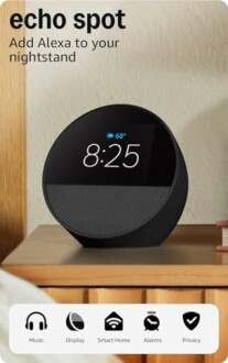 Echo Spot device on a nightstand with display showing time and weather.