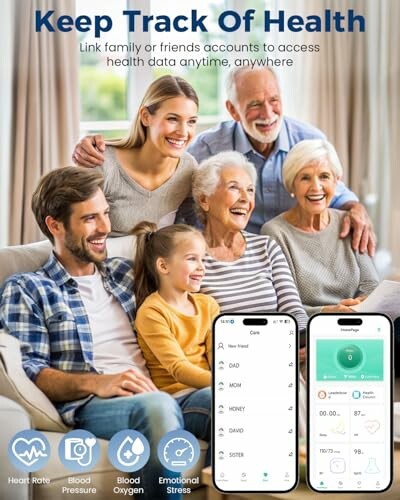Family using health tracking app with smartphones, showing health data and app icons for heart rate, blood pressure, blood oxygen, and emotional stress.