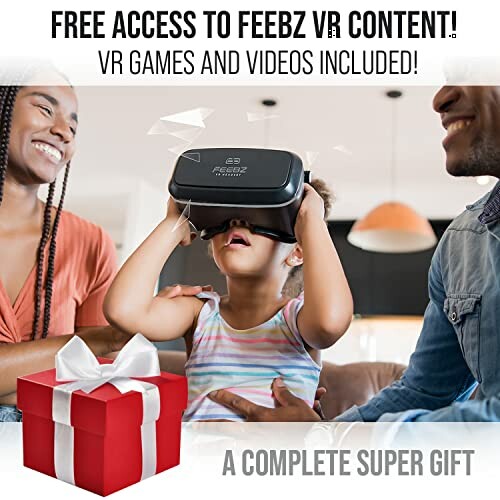 Child using VR headset with family, promotional gift offer.