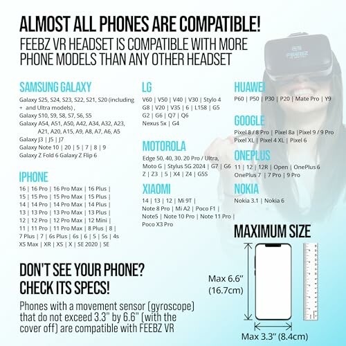 Compatibility chart for FEEBZ VR headset with various phone models.