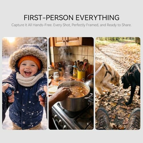 Collage of a smiling child in snow, cooking on stove, and dogs on a walk.