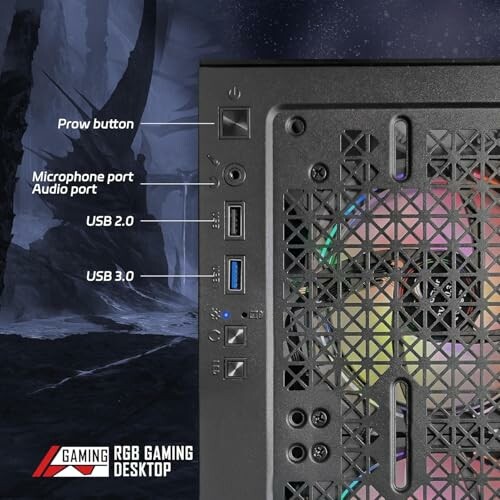 Front view of gaming desktop showing ports and buttons.