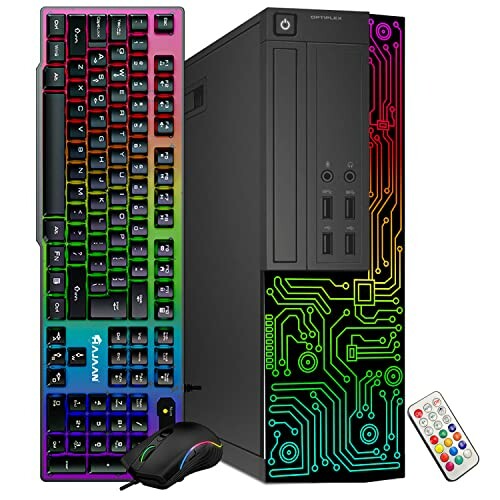 RGB gaming PC with colorful keyboard, mouse, and remote control.