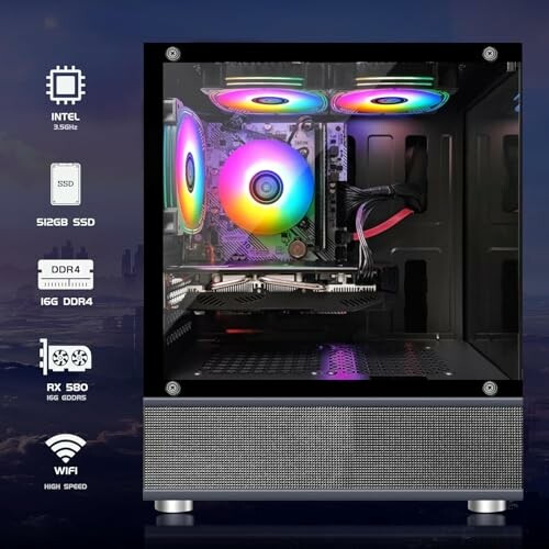 Gaming PC with RGB fans and hardware specs displayed.