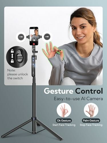 Woman demonstrating gesture control with AI camera on tripod.