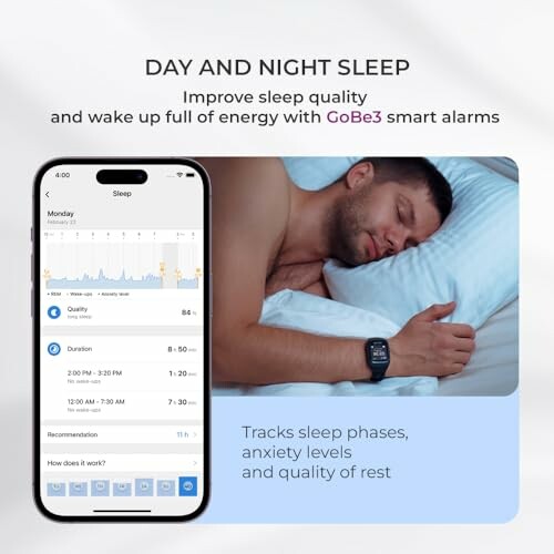 Man sleeping while using GoBe3 sleep tracker on his wrist.