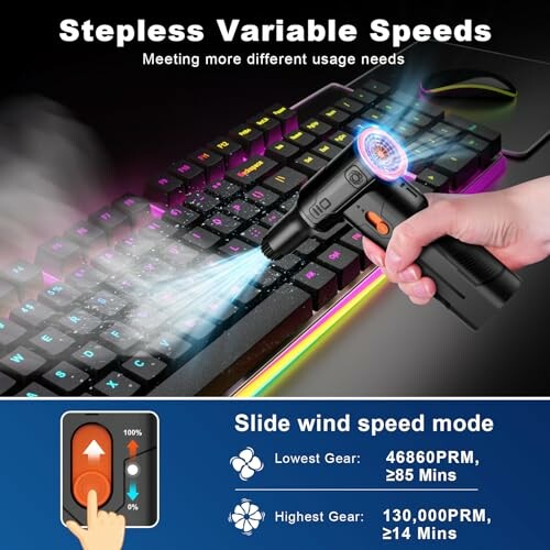 Gadget cleaning a keyboard with variable speed settings.