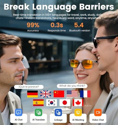 People using a translation app with multiple language flags and icons.