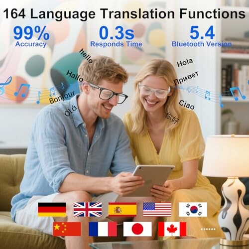 Smiling couple using a language translation device with multilingual greetings.