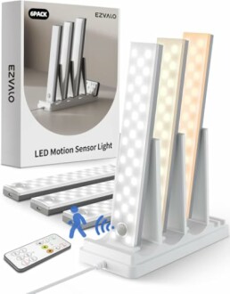 EZVALO LED motion sensor lights with remote and packaging.