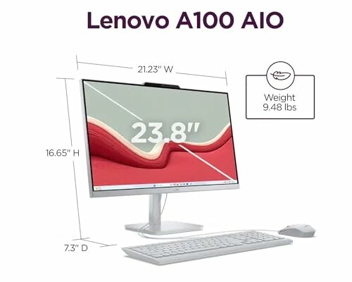 Lenovo A100 AIO computer with dimensions and weight.