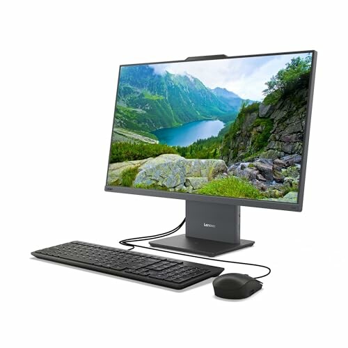 Lenovo all-in-one desktop with keyboard and mouse.