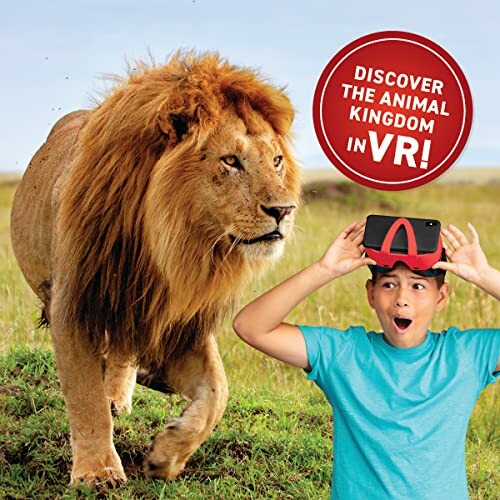 Child with VR headset excitedly viewing a lion in the wild.