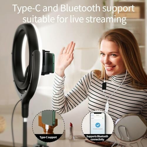 Person using ring light and microphone for live streaming with Type-C and Bluetooth support.
