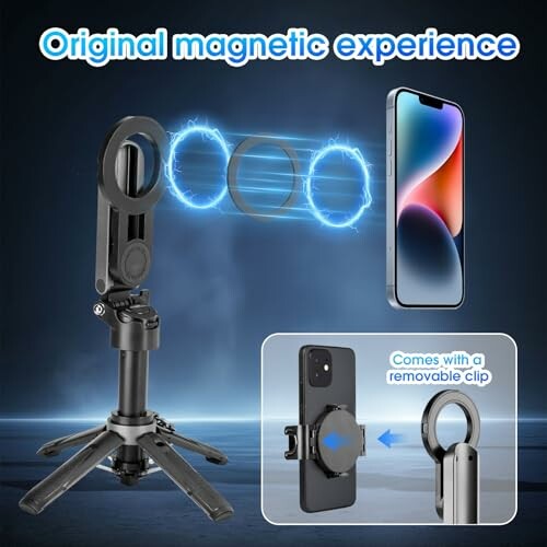Magnetic phone stand with removable clip and smartphone.