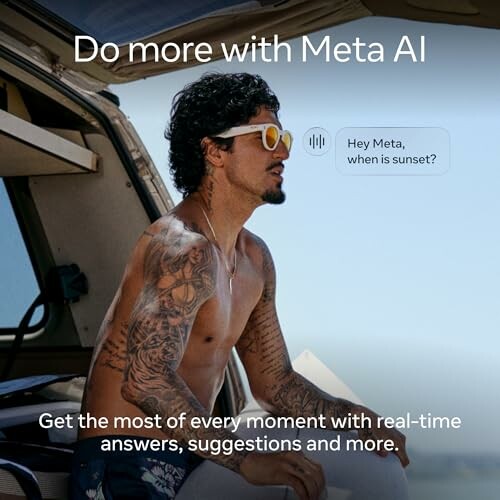 Man asking Meta AI about sunset while sitting outdoors.