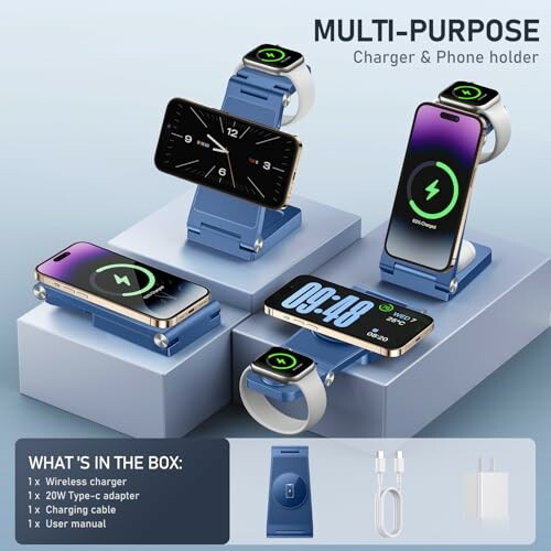 Multi-purpose charger and phone holder with wireless charging and accessories.