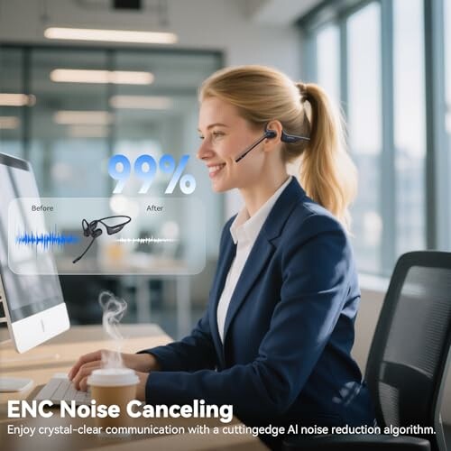 Person in office using noise-canceling headset.