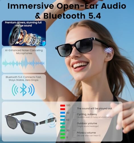 Woman wearing open-ear Bluetooth audio sunglasses with features displayed.