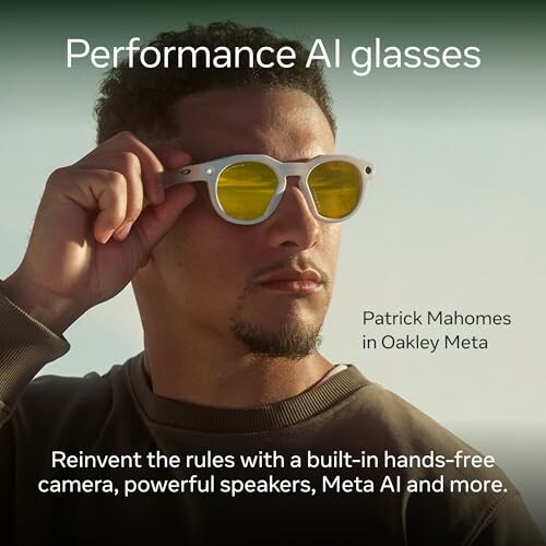 Man wearing performance AI glasses with text promoting Oakley Meta features.