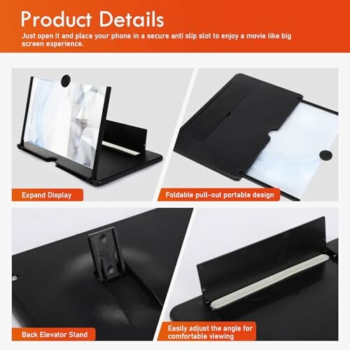 Phone screen magnifier with expandable display and adjustable stand.