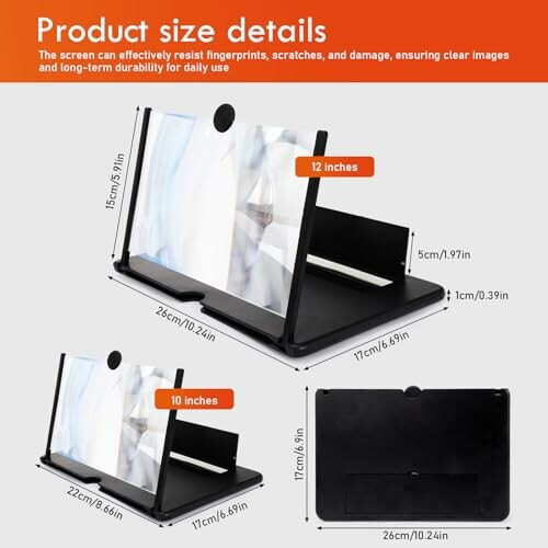 Phone screen magnifier with dimensions and features.