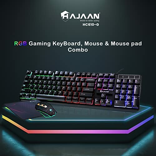 RGB gaming keyboard, mouse, and mouse pad combo with colorful lighting.