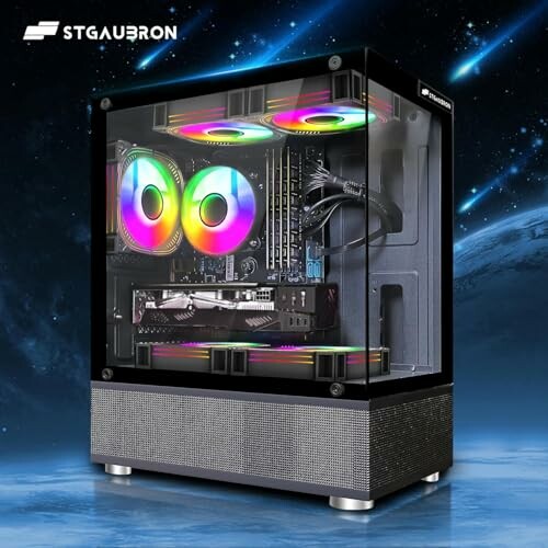 RGB gaming PC case with transparent side panel and colorful LED lights.