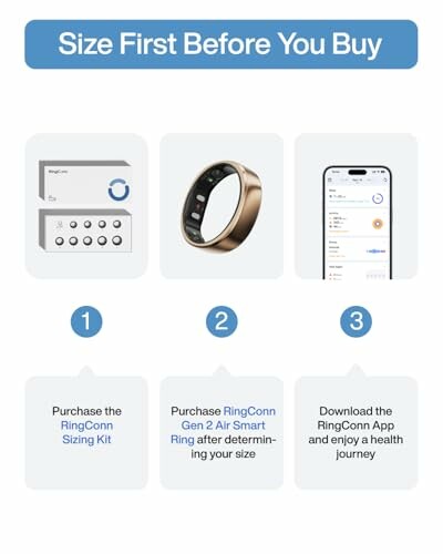 Ring sizing guide with steps to purchase a sizing kit, a smart ring, and download the app.