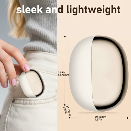 A person placing a sleek, lightweight oval device into a pocket with measurements shown.