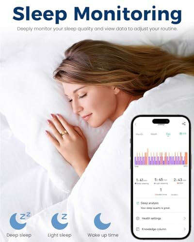 Woman sleeping with sleep monitoring app interface displayed.