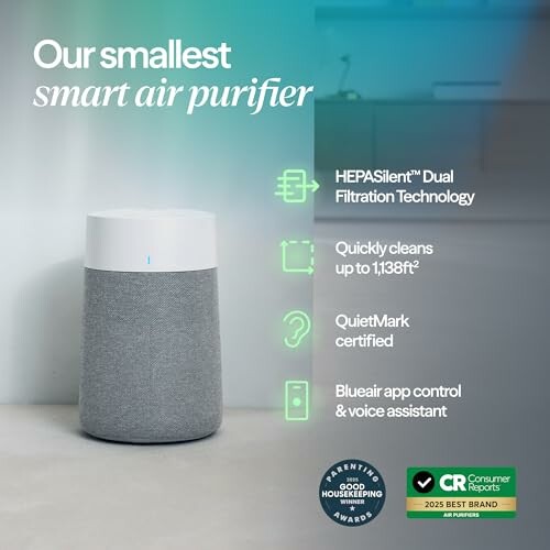 Compact smart air purifier with HEPA filtration and app control.